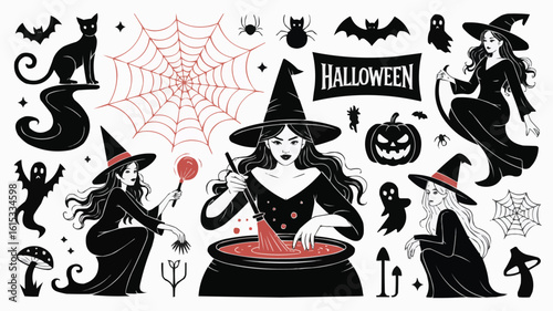 Halloween Illustration Set with Witches, Cats, Spiders, Bats and Other Spooky Elements