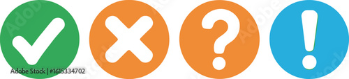 Colorful Check Mark, Cross, Question Mark, Exclamation Point Icons on White
