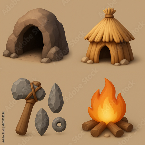 3D Prehistoric Dwelling Icons Set – Caves, Huts & Ancient Tools for Creative Projects