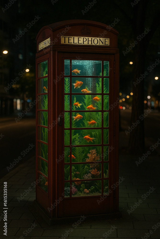 Obraz premium Vintage Telephone Booth Converted into a Goldfish Aquarium at Night