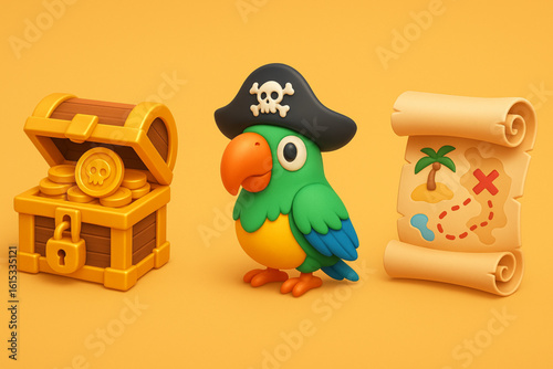 Vibrant 3D Pirate Adventure Icons – Treasure Chest, Parrot & Map Set