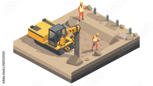 Isometric view of construction site featuring workers and a pile driving machine in operation area