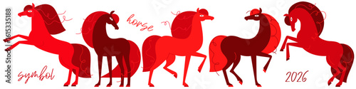 set of red horses - symbols of the new year 2026. minimalist linear sketch with bright color spots. stock vector illustration. EPS 10.