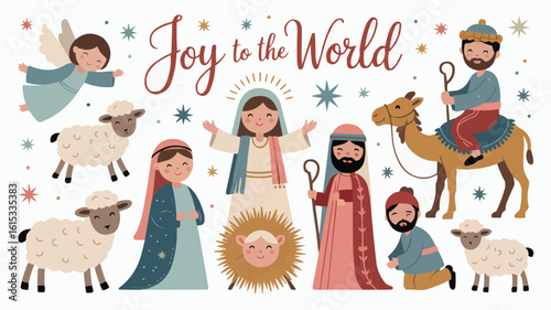 Joy to the World Nativity Illustration with Mary, Joseph, Baby Jesus, Angel and Sheep