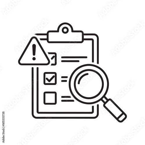 Audit and inspection report icon with magnifying glass over checklist on clipboard representing quality control compliance review and analysis line vector stroke