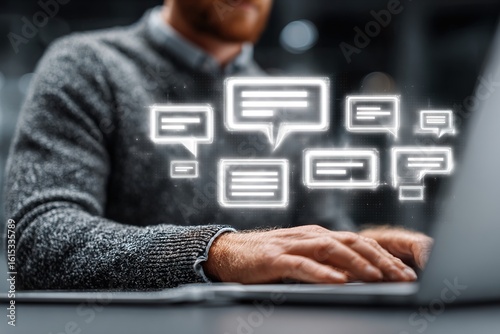 Knowledge sharing and management. Discussion forums for project management within team collaboration platform. Businessman using laptop computer for messaging team. High quality