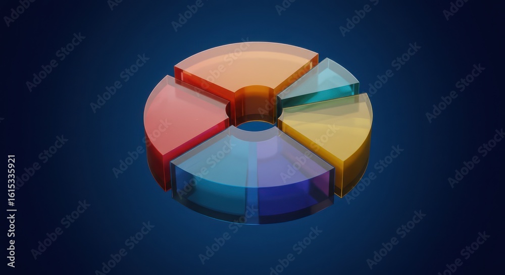 Fototapeta premium Colorful 3D Pie Chart on Blue Background, Data Visualization.