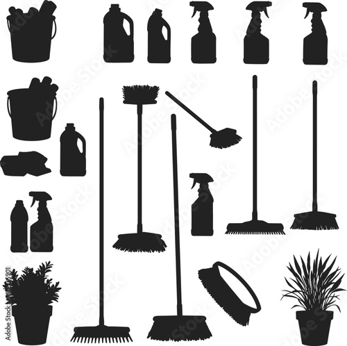 Collection of cleaning supplies and plants brooms mops