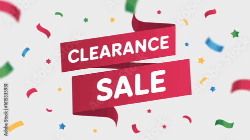 Red Ribbon with Clearance Sale Text and Colorful Confetti on a Light Background