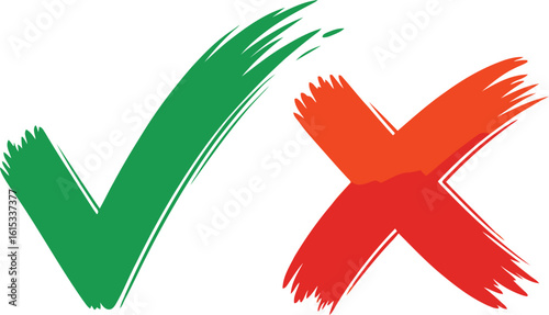 Green Check Mark and Red Cross Brush Strokes on a Clean White Background Design