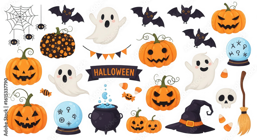 Naklejka premium Halloween collection of spooky characters and symbols on black background