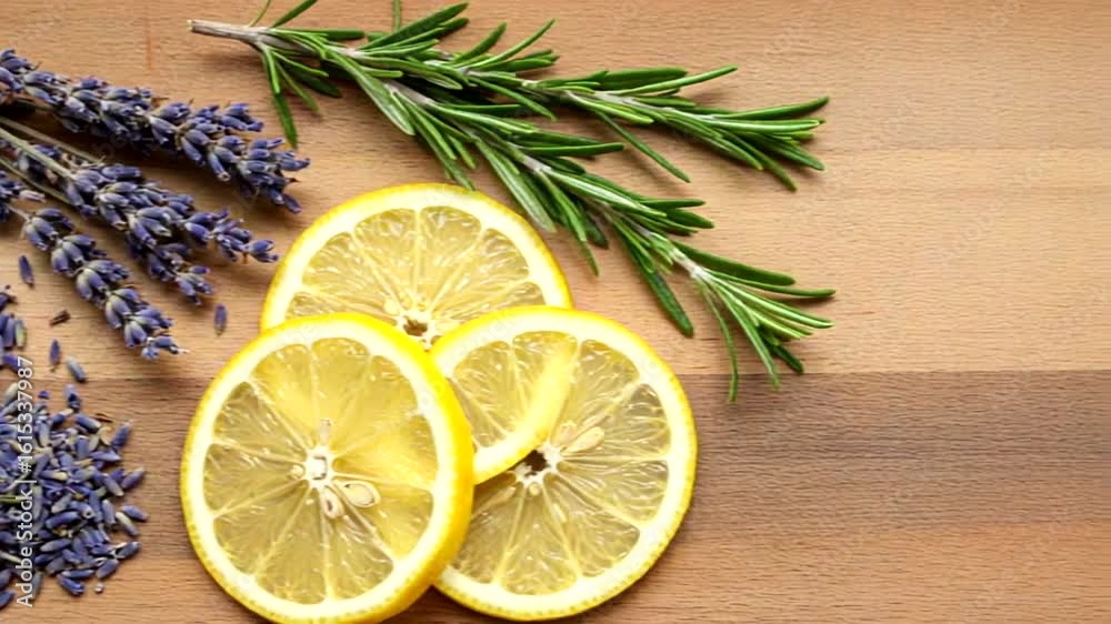 Refreshing Citrus Harmony: Lemon Slices, Rosemary, and Lavender on a Wooden Surface Refreshing Citrus Harmony: Lemon Slices, Rosemary, and Lavender on a Wooden Surface