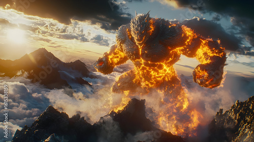 Fiery giant creature,  soaring above mountains.  Molten rock form,  flames erupting,  dramatic sunset sky