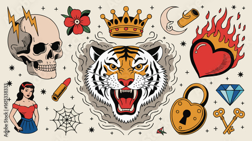 Traditional Tattoo Flash Sheet Featuring Tiger, Skull, Heart, Diamond and Other Designs