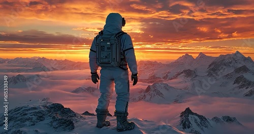 Spacesuit explorer mountain sunset