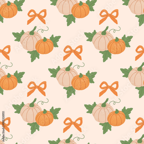 Preppy coquette seamless pattern with orange bow ribbons and cute pumpkins green leaves. Autumn elegance damask design. Vintage cottagecore print for fabric, wallpaper or wrapping paper