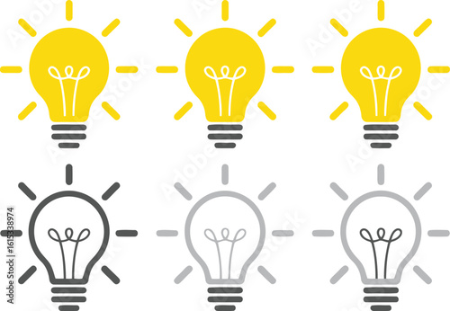 Idea Light Bulb Icons Set, Yellow Glowing Bulb, Gray Unlit Bulb on White Background