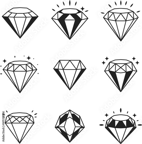 Black and white geometric diamond icons with sparkling effects gemstone jewel
