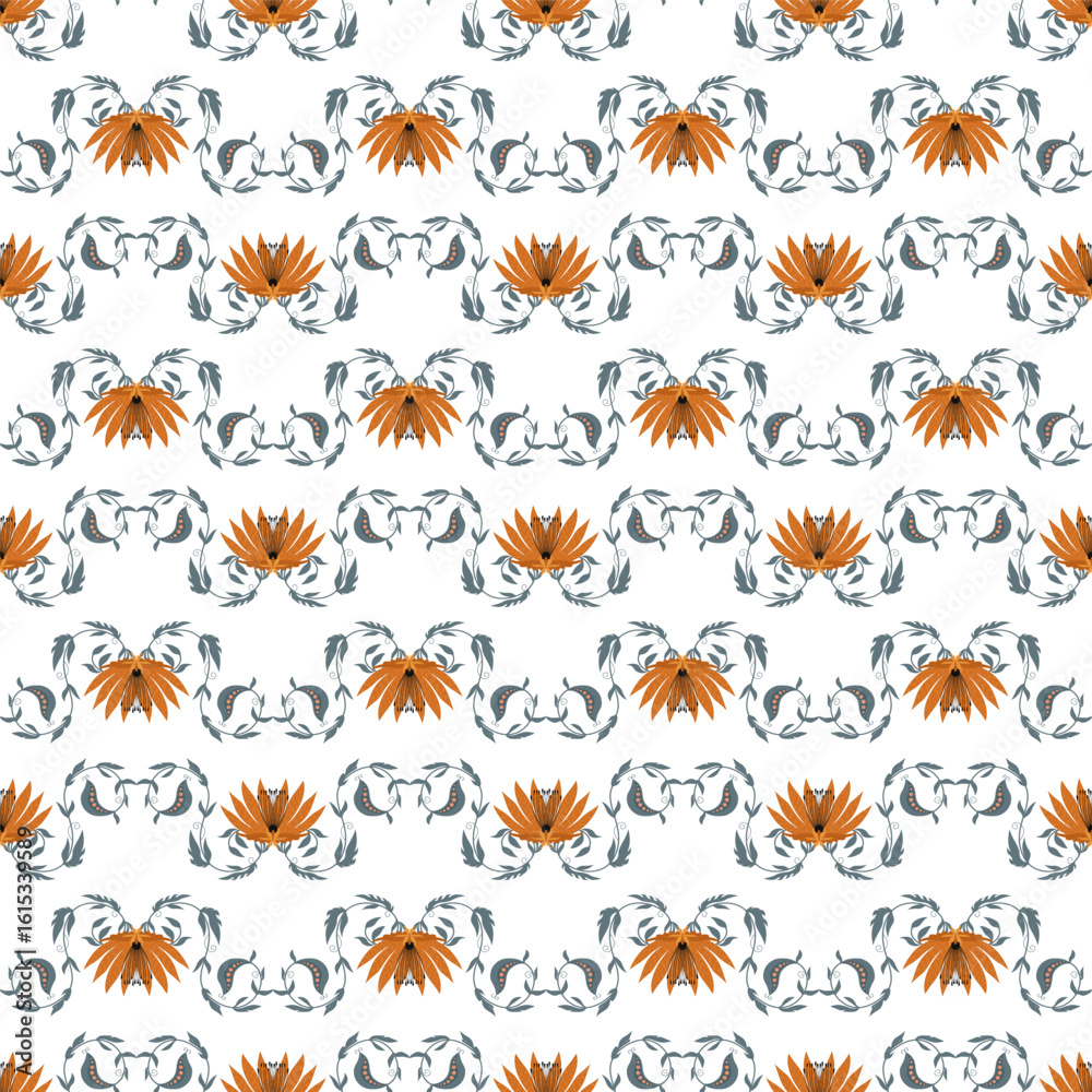 Obraz premium Seamless pattern with lilies and pea sprouts. Pattern with floral folk ornament.
