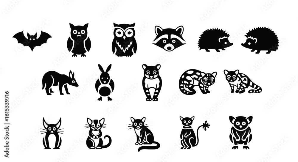 Obraz premium Vector silhouette illustration set of a raccoon, animal, wildlife, mammal, cute, face, mask, isolated on white background