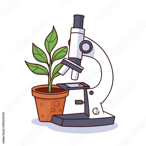 Microscope examining potted plant vector illustration leaves science