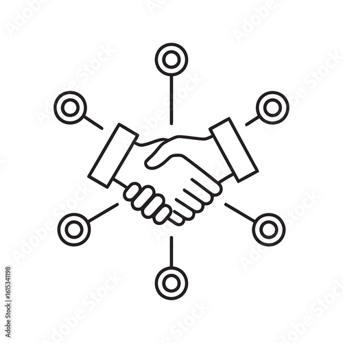 Business partnership network icon showing handshake connecting people for collaboration teamwork communication and corporate relationship building line vector stroke