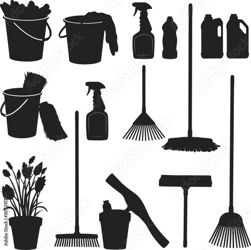 Black silhouettes of cleaning tools and a potted plant cleaning supplies buckets