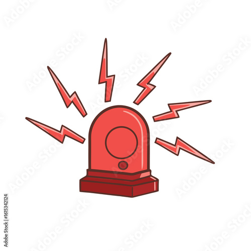 Red alarm siren with radiating red lightning bolts warning