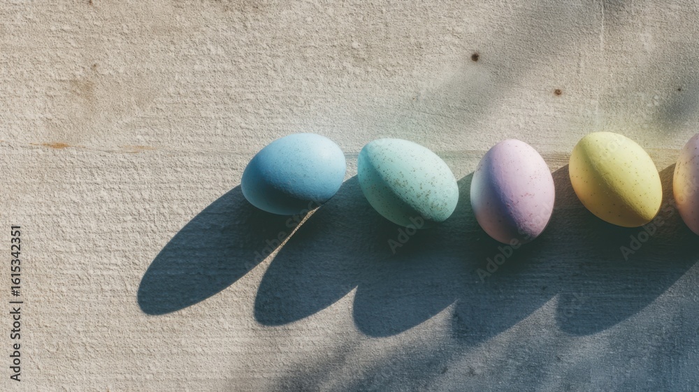 Obraz premium Five hand-painted pastel eggs in light blue, green, purple, yellow,