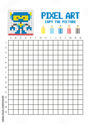 Copy the picture grid drawing worksheet for kids. Pixel art robot