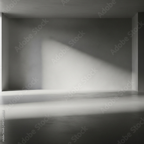 Minimalist architectural interior with natural light casting dramatic shadows on a blank concrete wall.