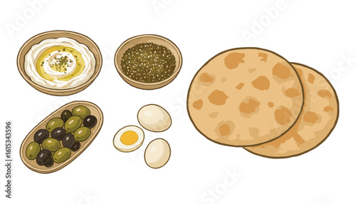 Mediterranean Breakfast Illustration: Labneh, Zaatar, Olives, Eggs, Flatbread Composition.