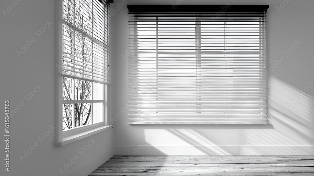 Obraz premium An empty room features two windows with white blinds casting light patterns on the walls and wood floors