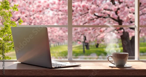 Springtime workspace with laptop