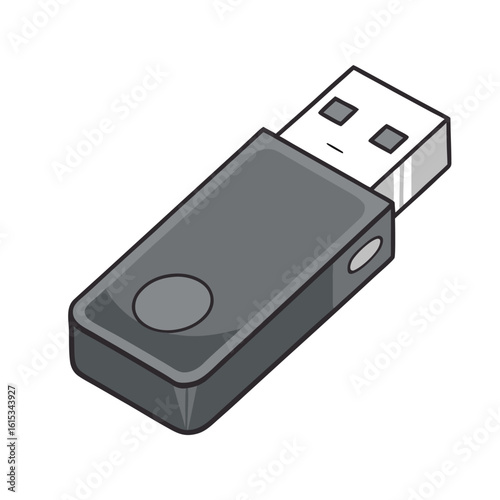 Gray usb flash drive with silver connector and black outline storage data