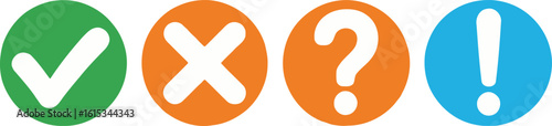 Tick,Cross,Question,Exclamation Marks on Circles in Green,Orange and Blue
