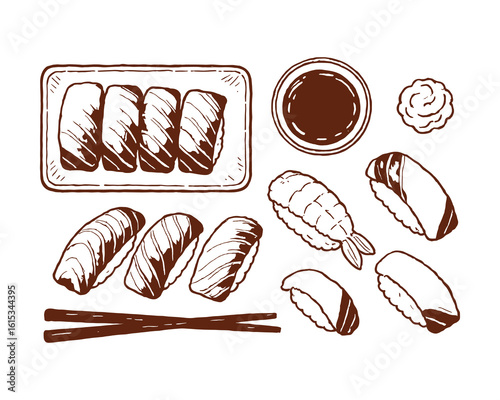 Delicious Assortment of Sushi with Soy Sauce and Wasabi, Hand Drawn Style Cuisine