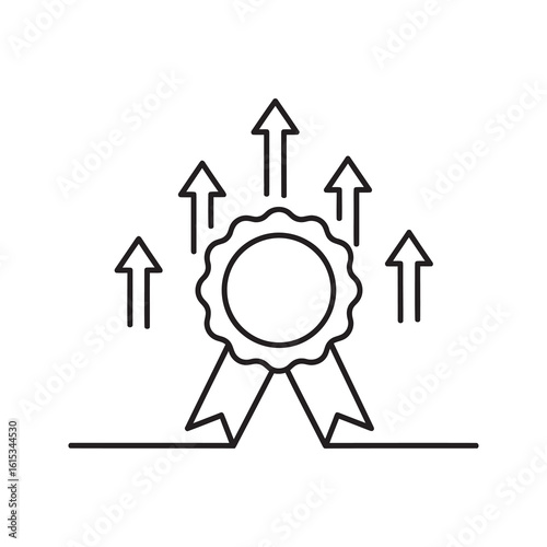 Quality achievement award icon with ribbon and upward arrows representing excellence standard certification best performance and success recognition line vector stroke