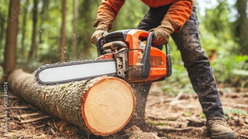 Carpenter using chainsaw to cut tree trunk in forest as tree begins to fall