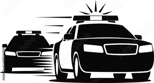 Two Police Cars Racing with Siren on Top, Black and White Silhouette on Transparent Background