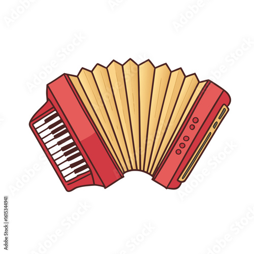 Red accordion with beige bellows and piano keys musical instrument