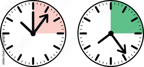 Two Wall Clocks Showing Time with Different Colored Quarter Marked on White Background