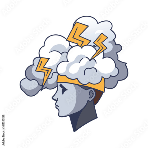 Head with storm clouds and lightning bolt profile