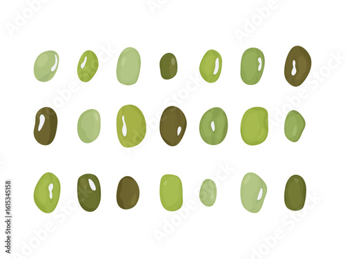 Set green organic mung bean on a white background. Mung dal symbols for sale high protein beans, superfood for alkaline diet. Vector illustration. Editable objects.