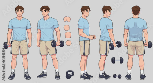 Anime style character sheet of a fit young man in workout clothes, showing multiple views and gym equipment.