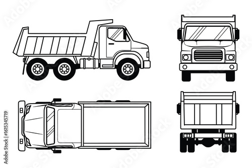 Detailed Illustration of a Dump Truck, Top, Side, and Front View in Black and White
