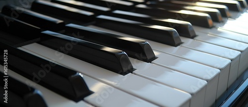 Close up shot piano keys with alternating black and white keys, reflecting light and showcasing the elegance instrument.