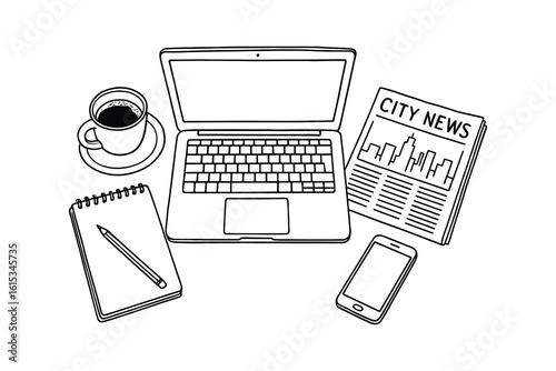 Workspace Illustration: Laptop, Coffee, Notepad, Mobile Phone, Newspaper Sketch, News