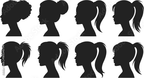 Diverse female silhouettes with varied hairstyles profile ponytails