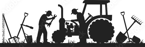 Farmers repairing tractor with tools and farm equipment farming agriculture